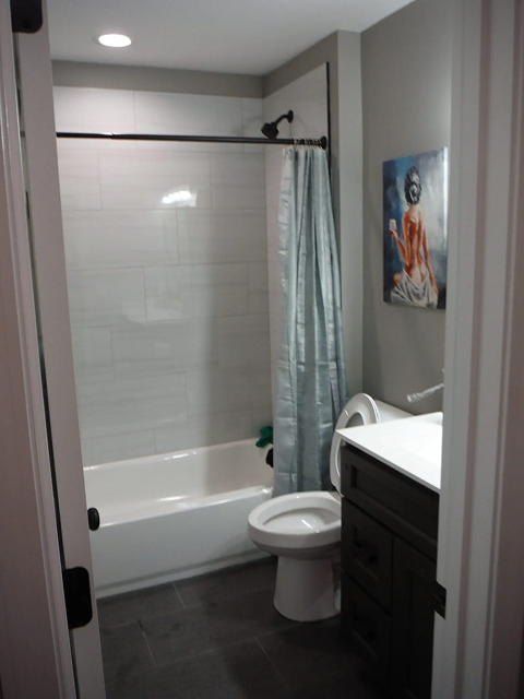 Modern bathroom with shower and artwork.