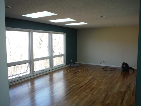 Empty room with large windows and skylights.