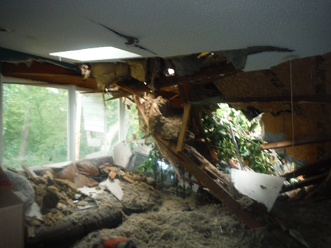 Collapsed ceiling with debris in living room.