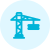 Blue construction crane icon on light background.